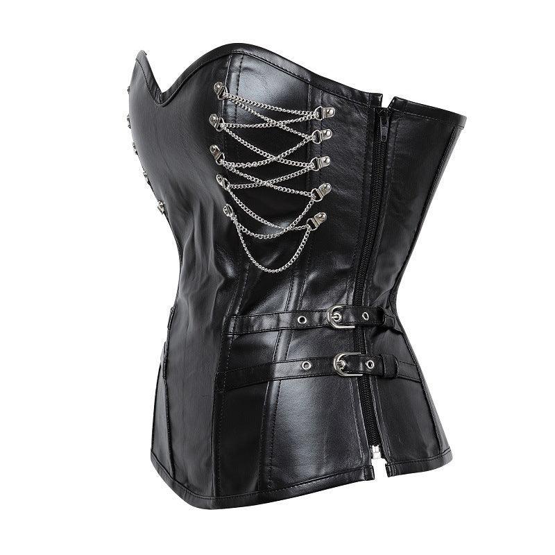 Gothic PU Leather Steel - Boned Corset with Zipper | 11 Steel Bones Waist Trainer | Coscomos - Coscosmos