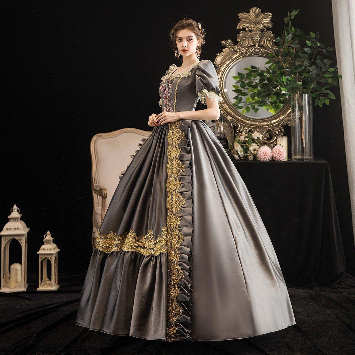 Grey Rococo Gown: Vintage Christmas Court Dress for Festive Events - Coscosmos