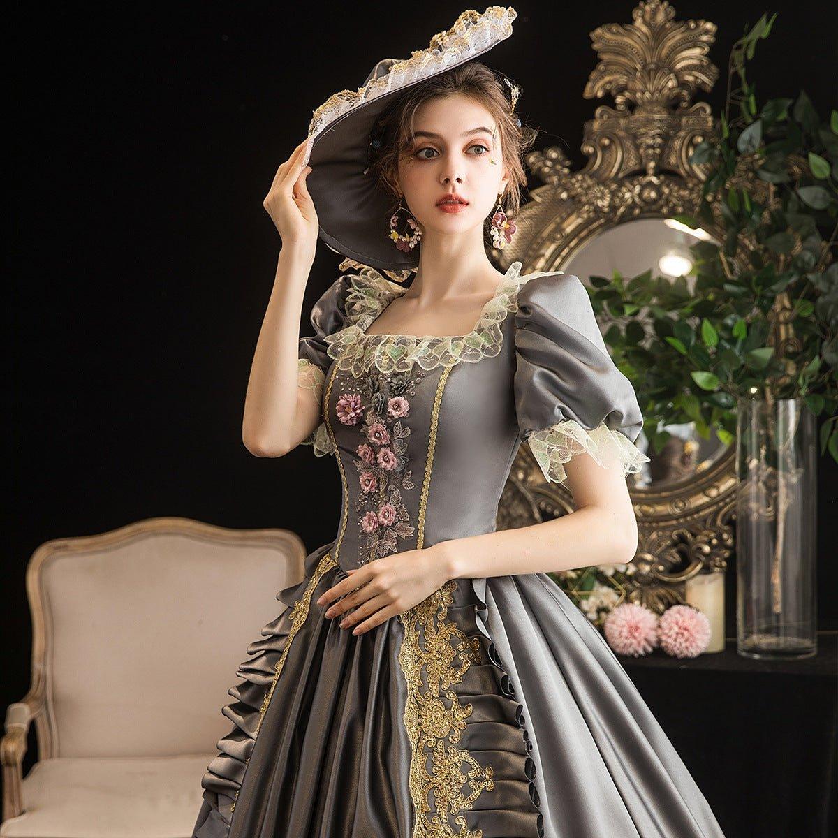 Grey Rococo Gown: Vintage Christmas Court Dress for Festive Events - Coscosmos