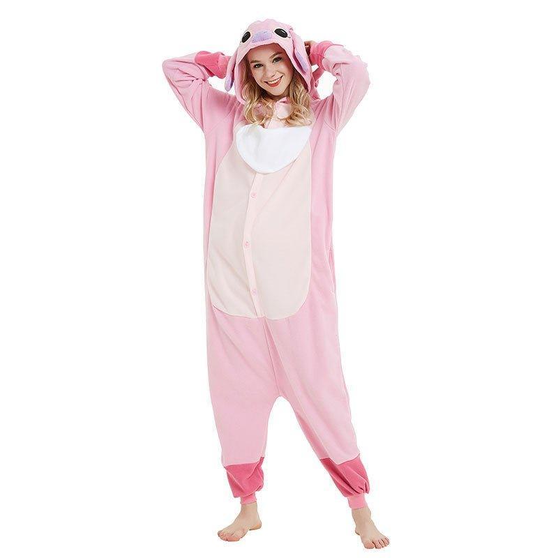 Halloween Fleece Cartoon Animal Onesie - Blue & Pink Stitch Couples Pajamas | Cosplay Home & Performance Outfit - Coscosmos