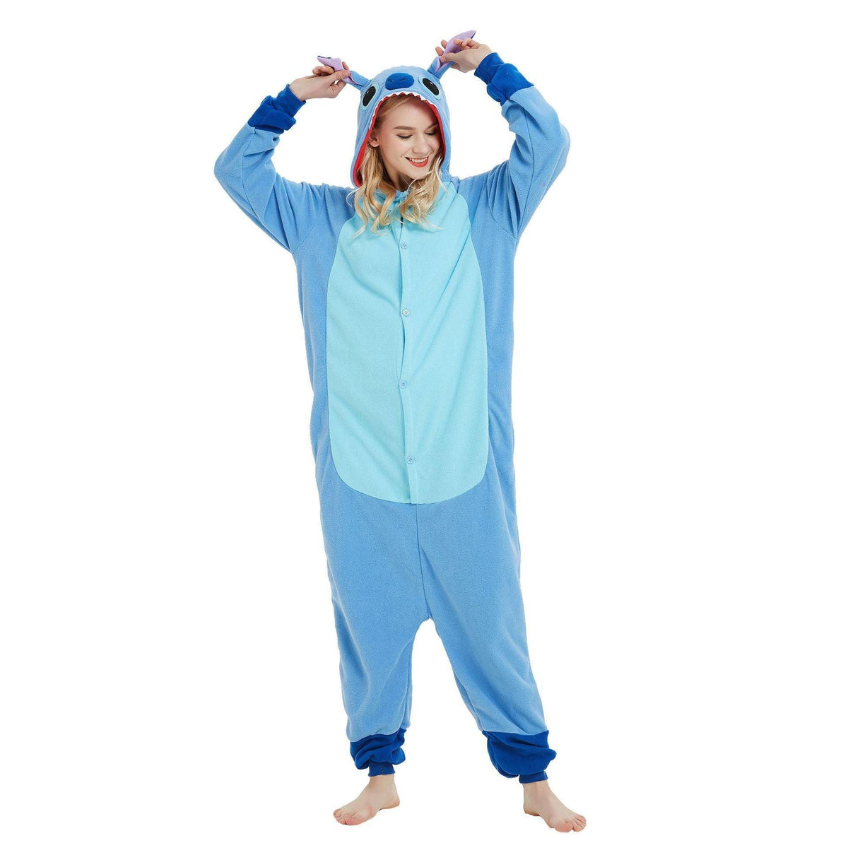 Halloween Fleece Cartoon Animal Onesie - Blue & Pink Stitch Couples Pajamas | Cosplay Home & Performance Outfit - Coscosmos