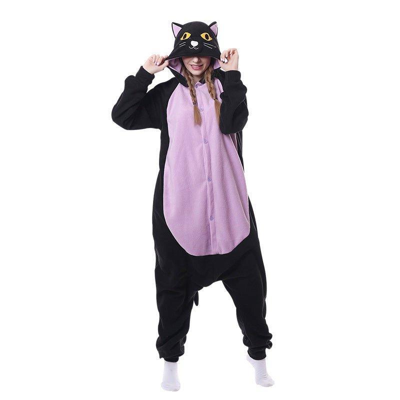 Halloween Midnight Cat Fleece Animal Onesie for Adults | Cartoon Couple Homewear Pajamas | Cosplay Costume - Coscosmos