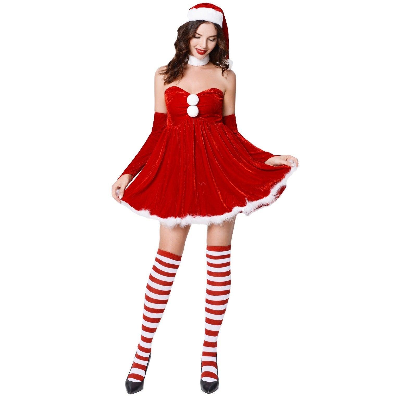 Japanese and Korean performances Christmas dress Christmas hat set, sexy Christmas clothing, chest wrapping women's Christmas clothing Christmas clothing - Coscosmos