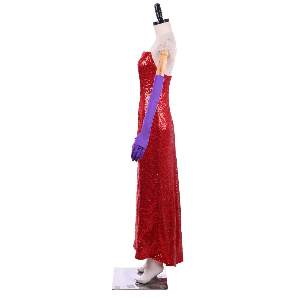 Jessica Rabbit Sexy Red Sequined Cosplay Dress with High Split and Purple Gloves - Coscosmos