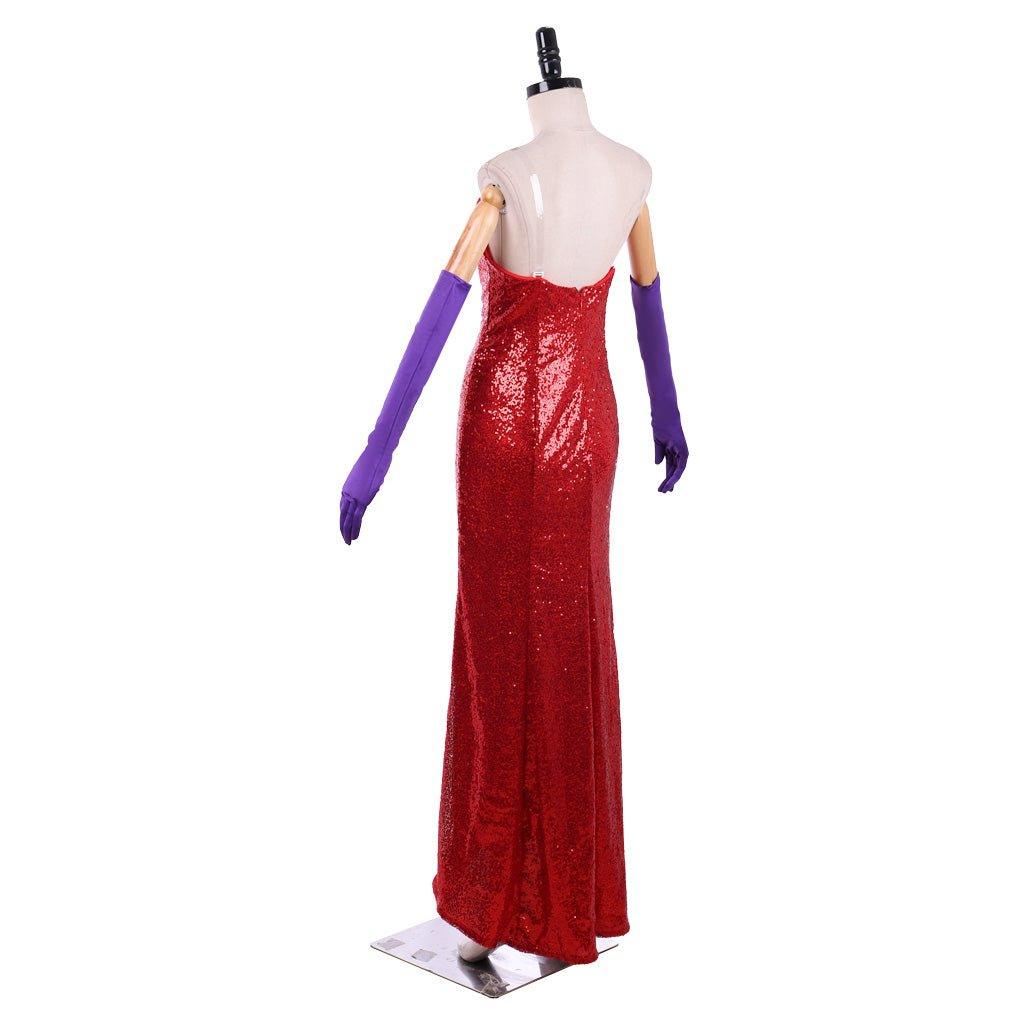 Jessica Rabbit Sexy Red Sequined Cosplay Dress with High Split and Purple Gloves - Coscosmos