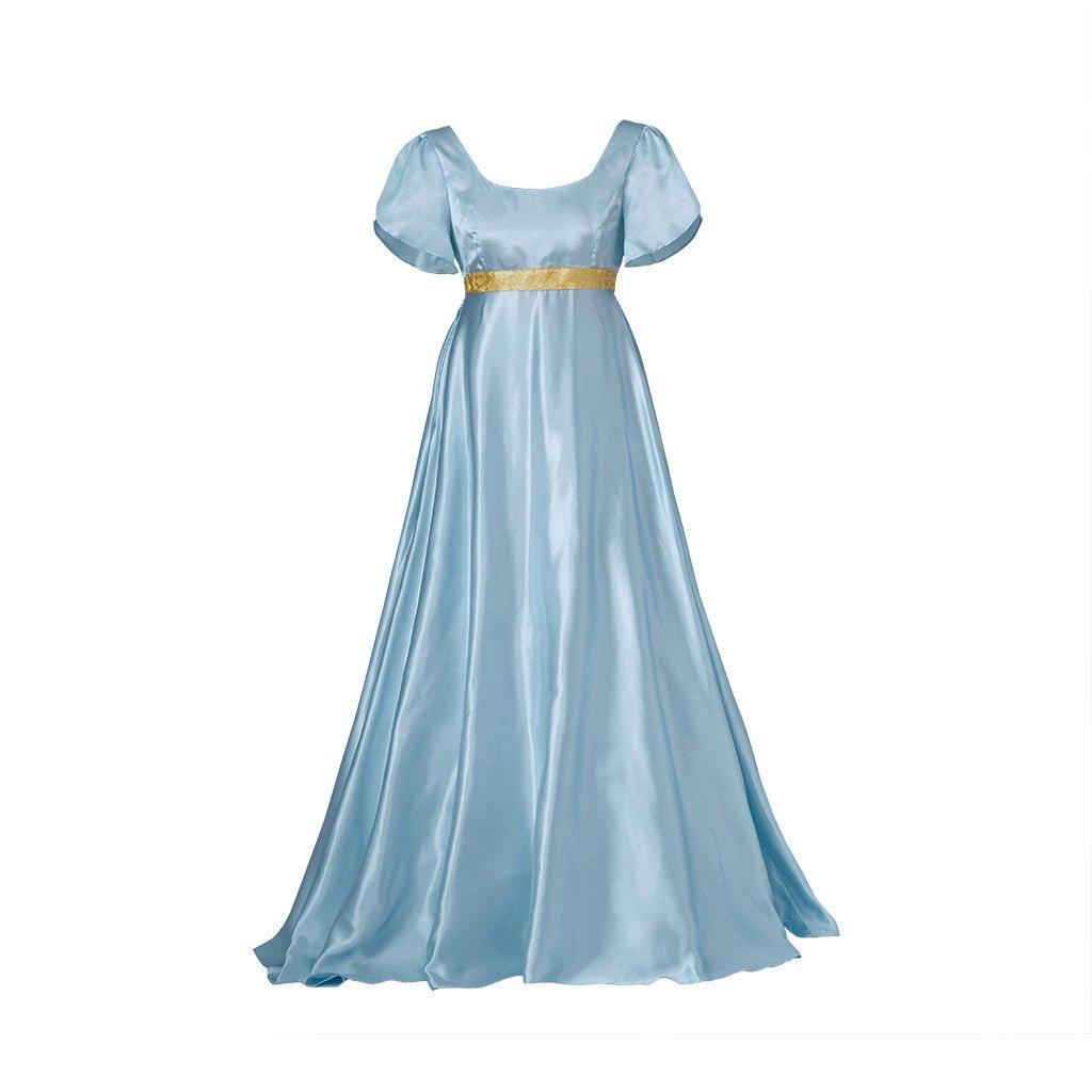 Medieval Regency Gown Bridgerton Cosplay Costume in Light Blue with a Gold Waistband - Coscosmos