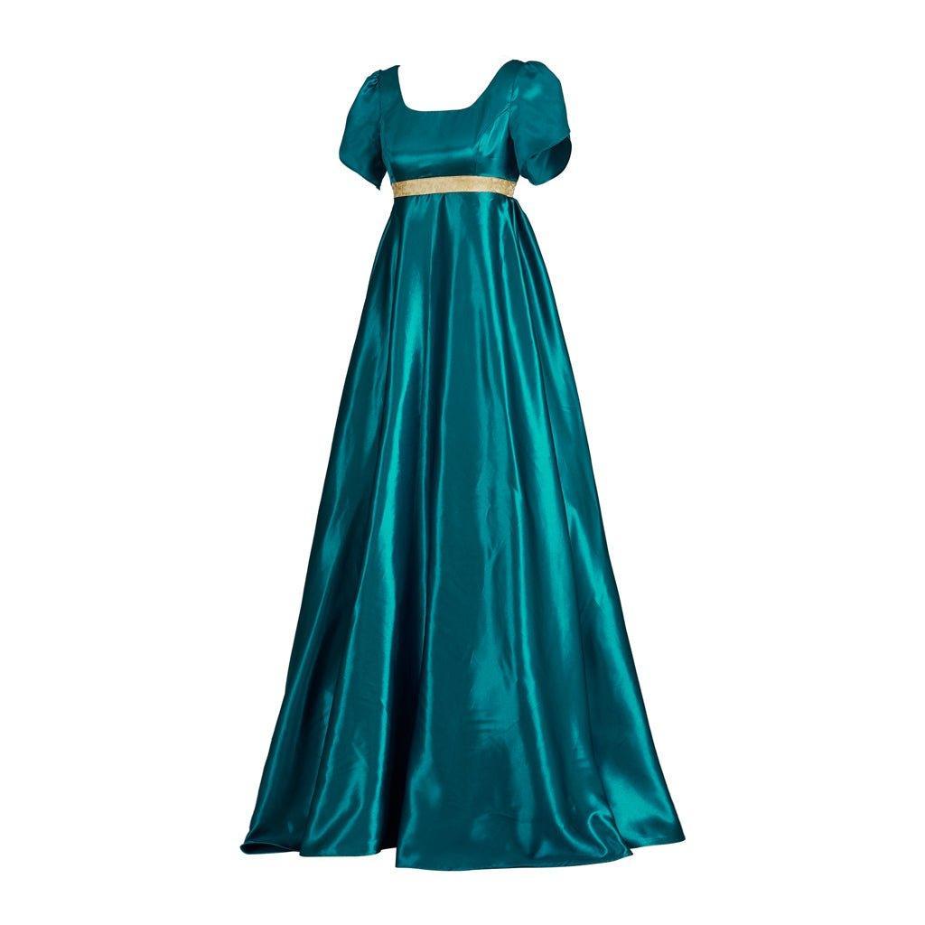 Medieval Traditional Empire Gown - Bridgerton Cosplay Costume in Emerald Green Silky Fabric - Coscosmos