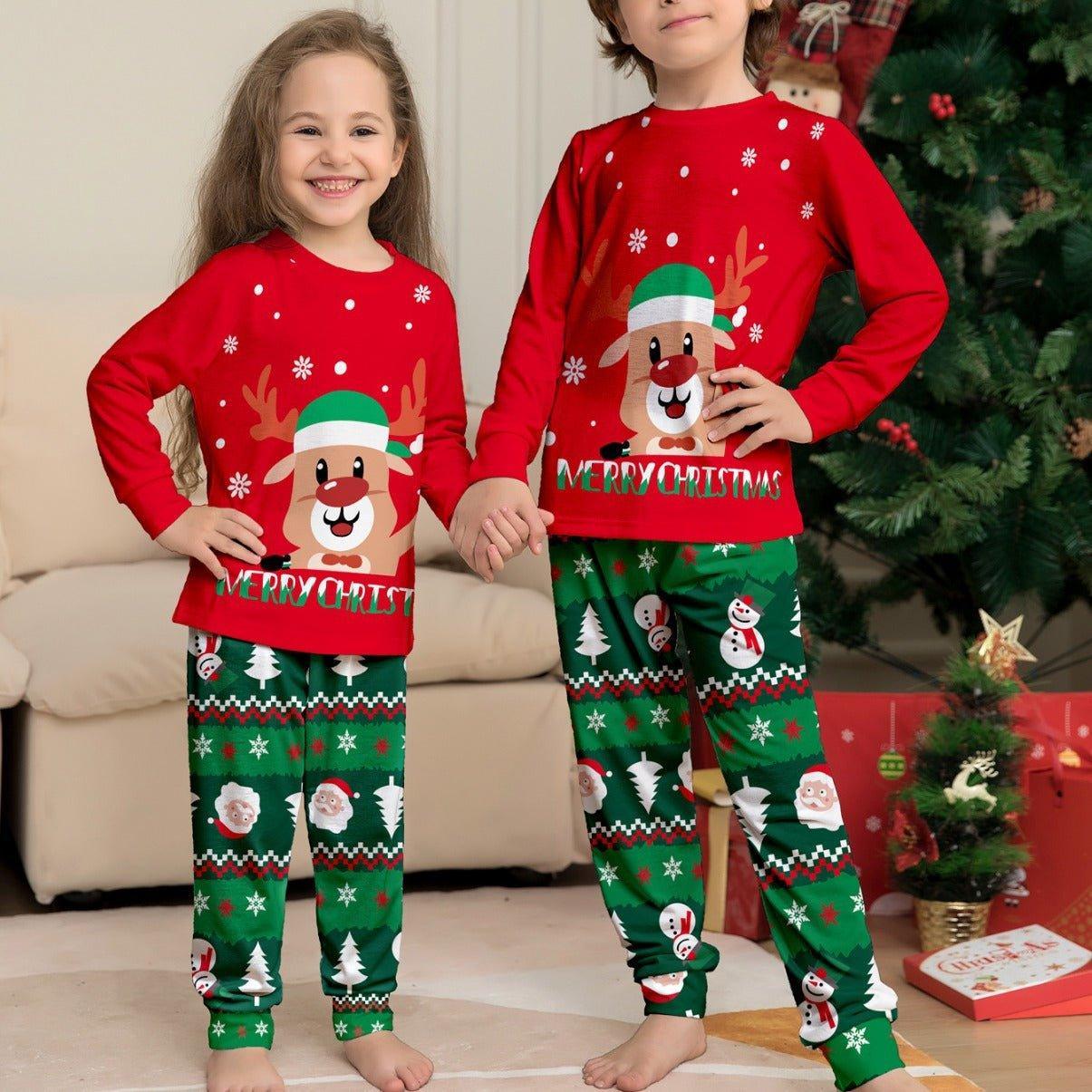 New Cartoon Reindeer Snowman Christmas Print Family Matching Pajama Set | Christmas Family Outfits for Three - Coscosmos