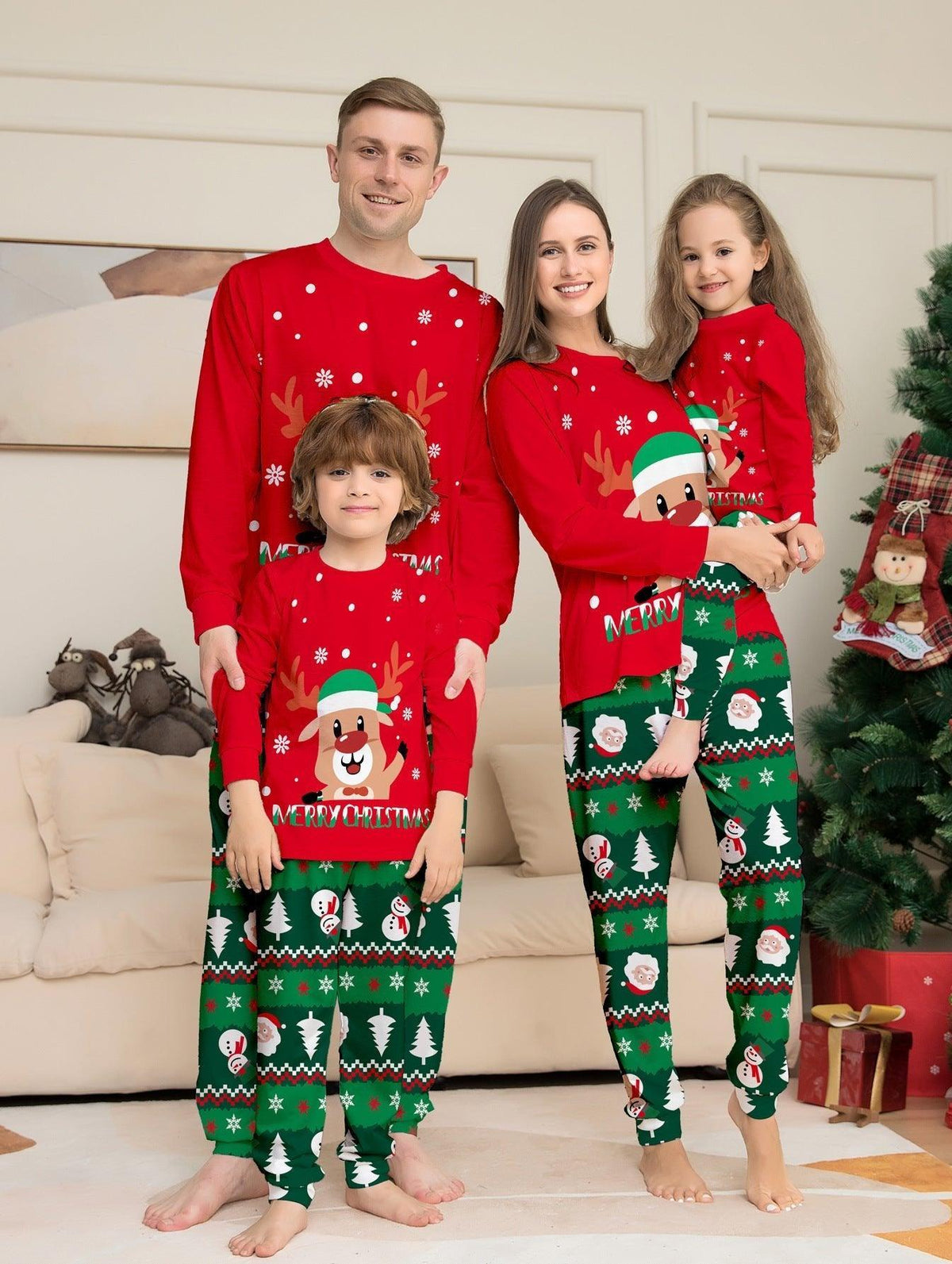 New Cartoon Reindeer Snowman Christmas Print Family Matching Pajama Set | Christmas Family Outfits for Three - Coscosmos