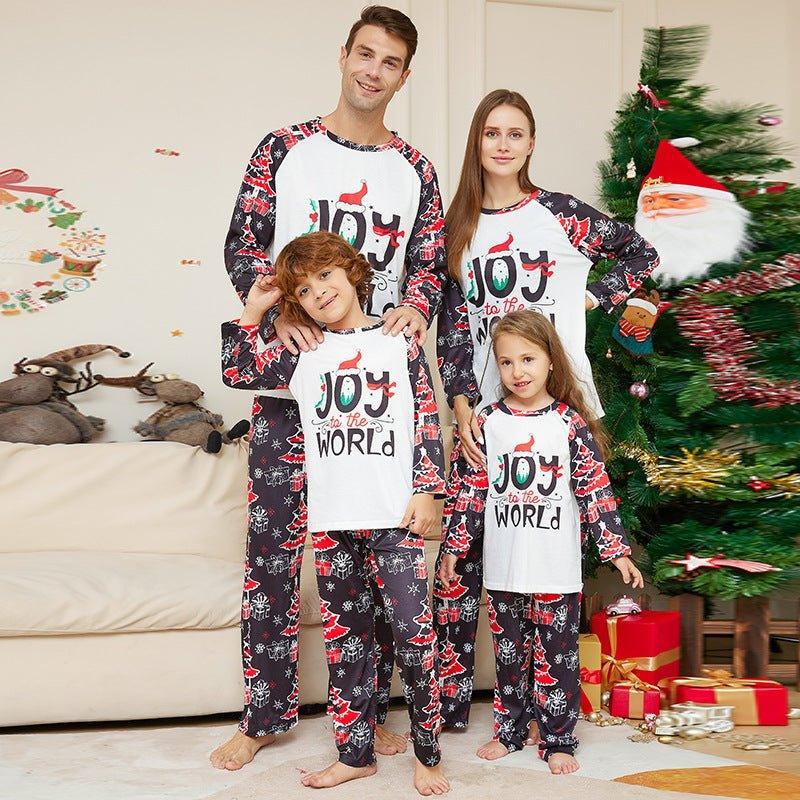 New Christmas Cartoon Letter & Tree Print Matching Family Pajamas Set with Pet Outfit | Holiday Sleepwear for the Whole Family - Coscosmos