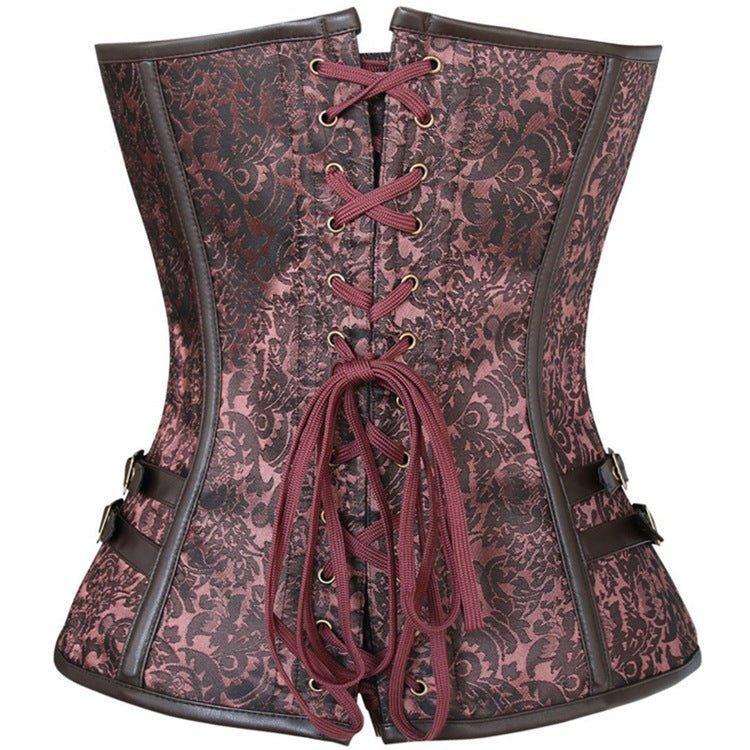 New Deep Brown Lace Trim Gothic Court Corset for Women | Waist Trainer with Steel Bones, Zipper, & Bust Suppor - Coscosmos