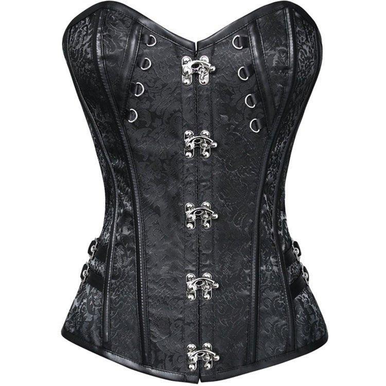 New Deep Brown Lace Trim Gothic Court Corset for Women | Waist Trainer with Steel Bones, Zipper, & Bust Suppor - Coscosmos