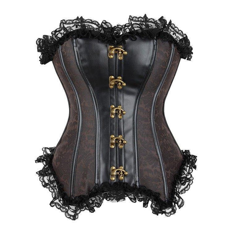 New Deep Brown Lace Trim Gothic Court Corset for Women | Waist Trainer with Steel Bones, Zipper, & Bust Support - Coscosmos