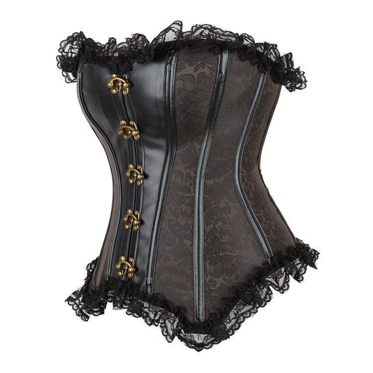 New Deep Brown Lace Trim Gothic Court Corset for Women | Waist Trainer with Steel Bones, Zipper, & Bust Support - Coscosmos