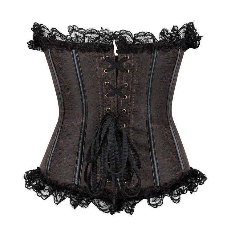 New Deep Brown Lace Trim Gothic Court Corset for Women | Waist Trainer with Steel Bones, Zipper, & Bust Support - Coscosmos