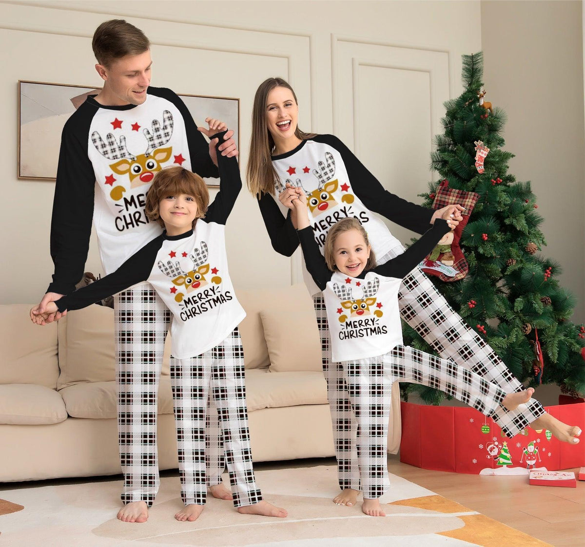 New Plaid Reindeer Print Christmas Family Matching Pajama Set | Stylish Deer Head Two - Piece Family Sleepwear - Coscosmos