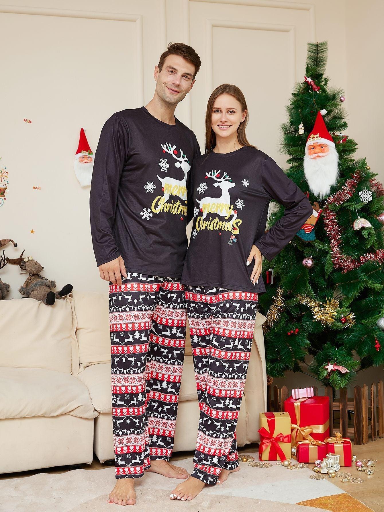 New Round - Neck Christmas Reindeer & Letter Pajama Set | Family Matching Sleepwear for Holiday Fun - Coscosmos