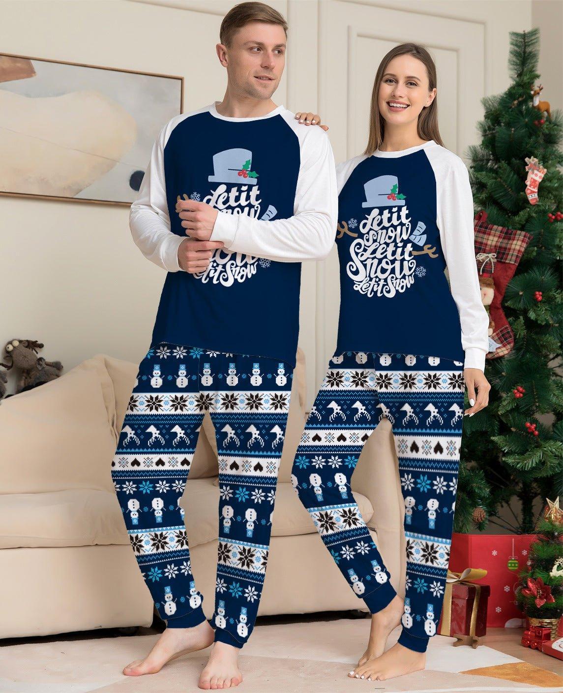 New Short - Sleeved Blue Cartoon Letter Printed Christmas Family Matching Pajama Set | Holiday Homewear - Coscosmos