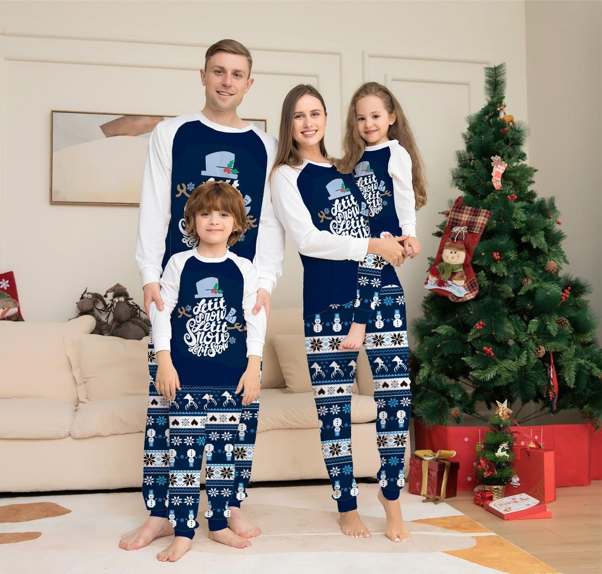 New Short - Sleeved Blue Cartoon Letter Printed Christmas Family Matching Pajama Set | Holiday Homewear - Coscosmos