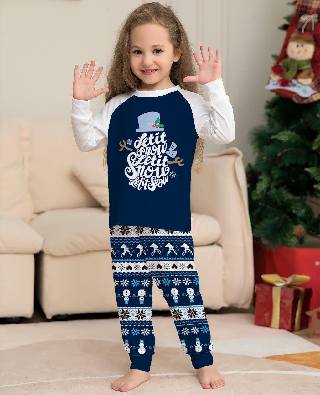 New Short - Sleeved Blue Cartoon Letter Printed Christmas Family Matching Pajama Set | Holiday Homewear - Coscosmos