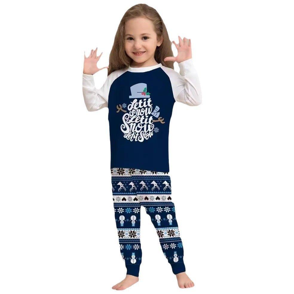 New Short - Sleeved Blue Cartoon Letter Printed Christmas Family Matching Pajama Set | Holiday Homewear - Coscosmos