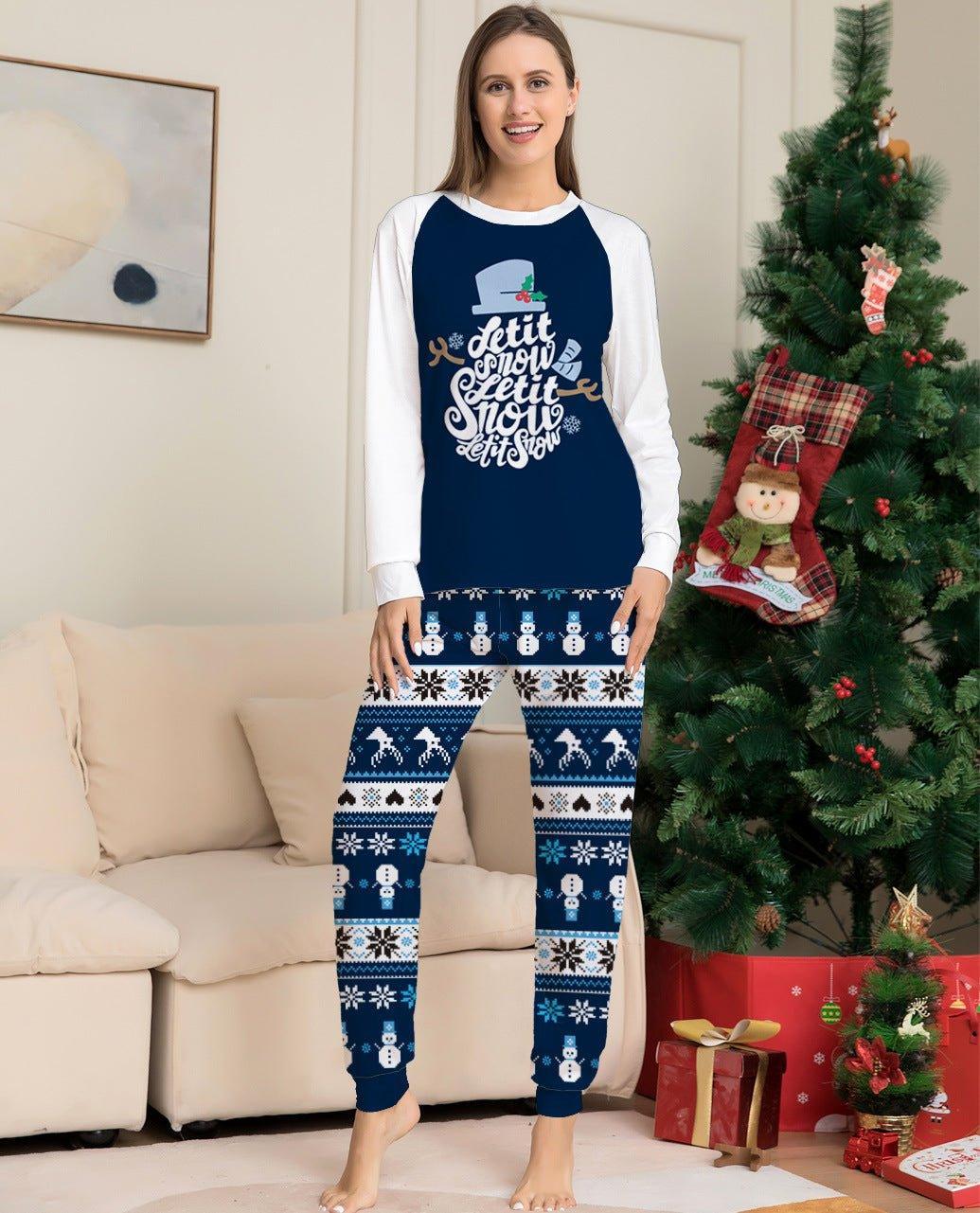 New Short - Sleeved Blue Cartoon Letter Printed Christmas Family Matching Pajama Set | Holiday Homewear - Coscosmos