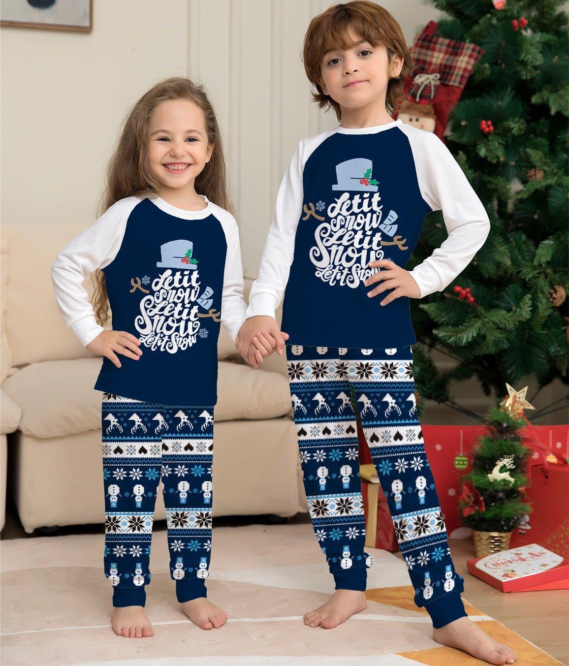 New Short - Sleeved Blue Cartoon Letter Printed Christmas Family Matching Pajama Set | Holiday Homewear - Coscosmos