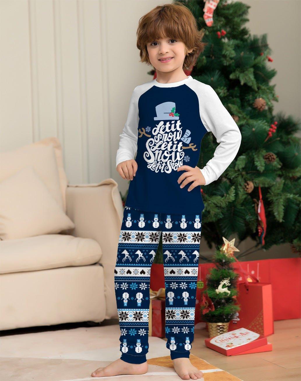 New Short - Sleeved Blue Cartoon Letter Printed Christmas Family Matching Pajama Set | Holiday Homewear - Coscosmos