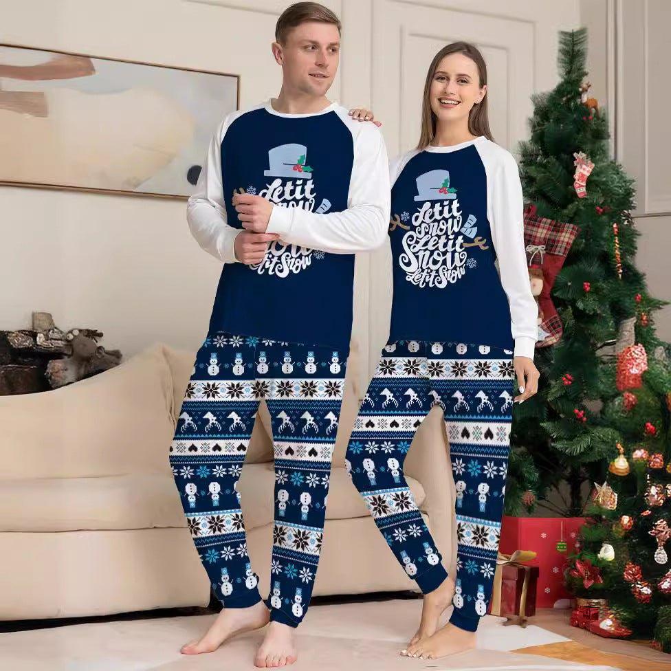 New Short - Sleeved Blue Cartoon Letter Printed Christmas Family Matching Pajama Set | Holiday Homewear - Coscosmos