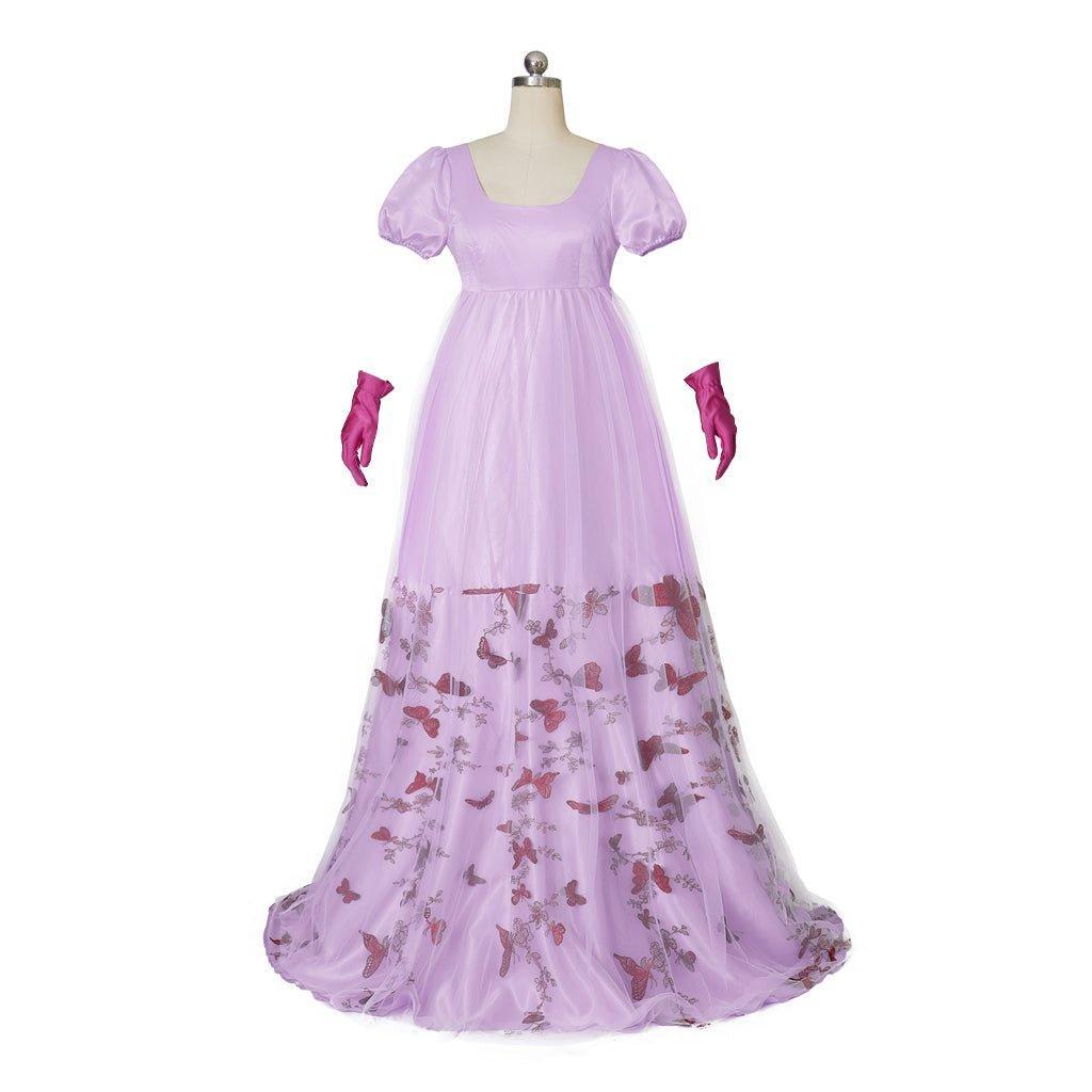 Purple Patterned Double - Layer Silk Empire Gown | Bridgerton Inspired Cosplay Costume - Coscosmos