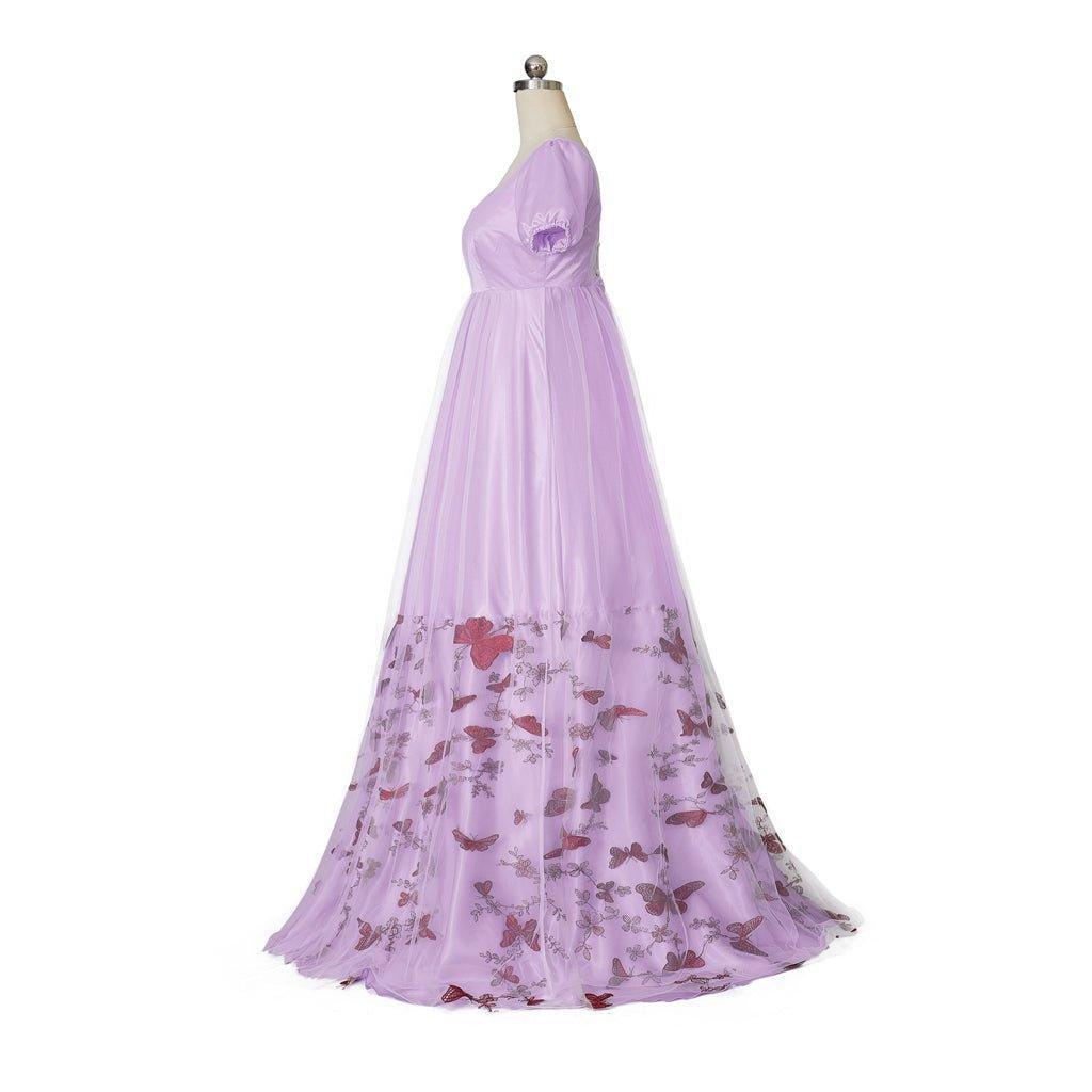 Purple Patterned Double - Layer Silk Empire Gown | Bridgerton Inspired Cosplay Costume - Coscosmos