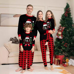 Red & Black Plaid Christmas Hat Family Matching Pajamas | Cartoon Letter Print Holiday Sleepwear Set - Coscosmos