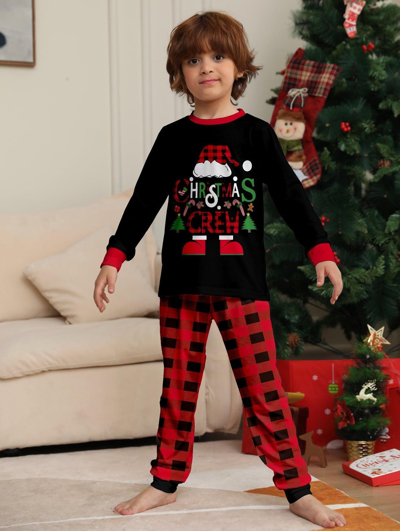 Red & Black Plaid Christmas Hat Family Matching Pajamas | Cartoon Letter Print Holiday Sleepwear Set - Coscosmos