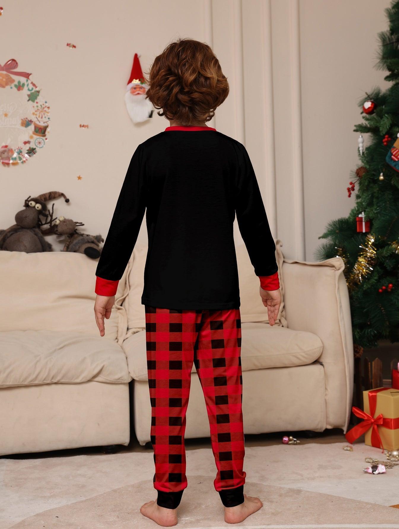 Red & Black Plaid Christmas Hat Family Matching Pajamas | Cartoon Letter Print Holiday Sleepwear Set - Coscosmos