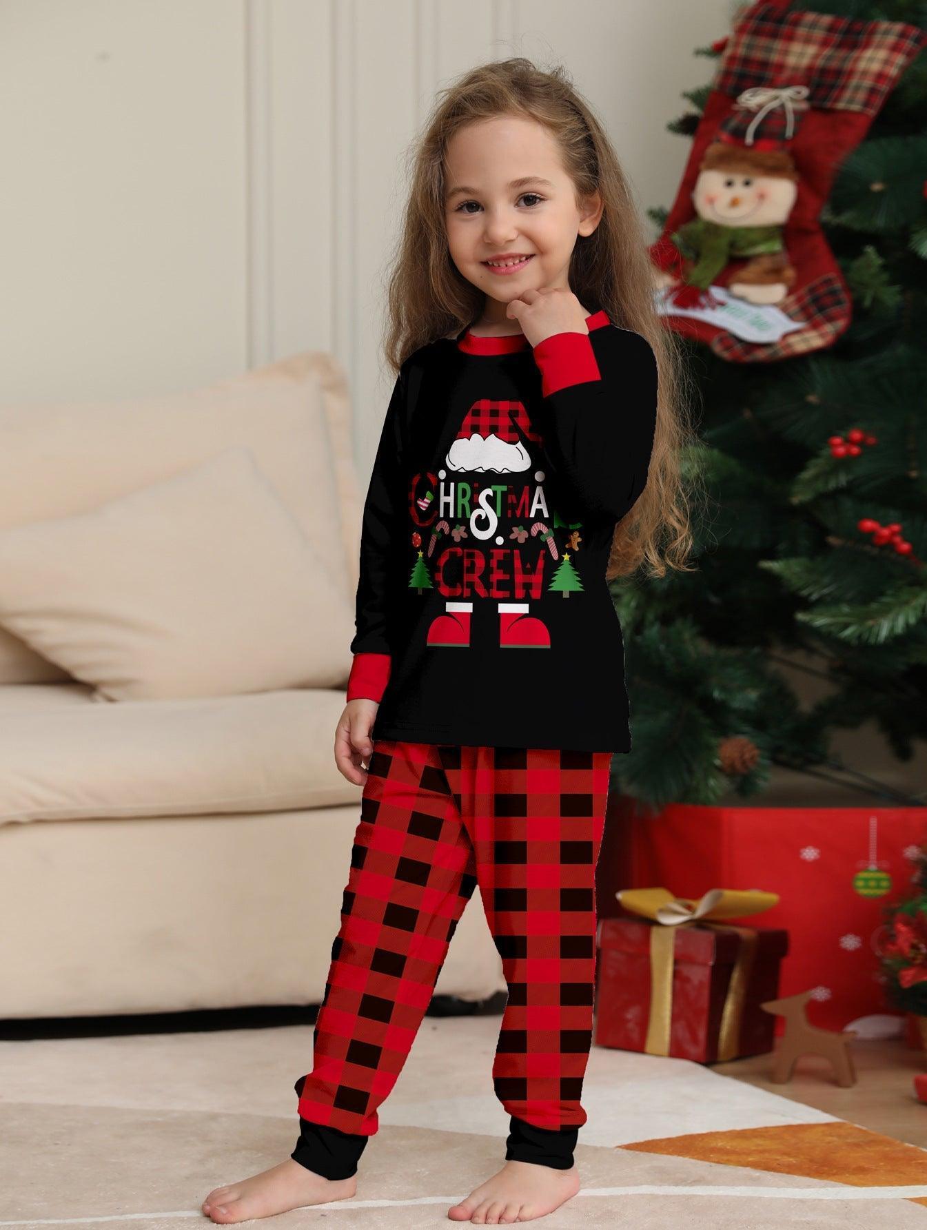 Red & Black Plaid Christmas Hat Family Matching Pajamas | Cartoon Letter Print Holiday Sleepwear Set - Coscosmos