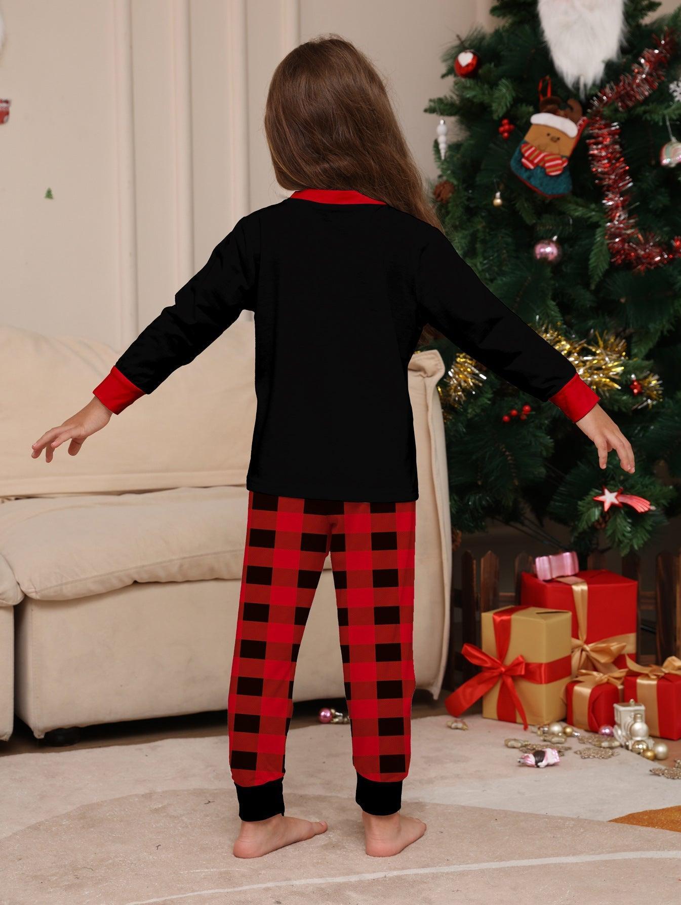 Red & Black Plaid Christmas Hat Family Matching Pajamas | Cartoon Letter Print Holiday Sleepwear Set - Coscosmos