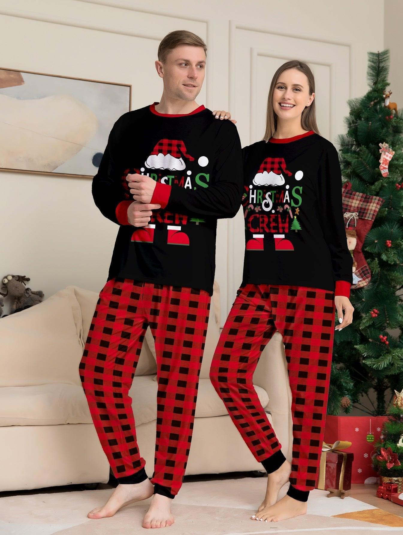 Red & Black Plaid Christmas Hat Family Matching Pajamas | Cartoon Letter Print Holiday Sleepwear Set - Coscosmos