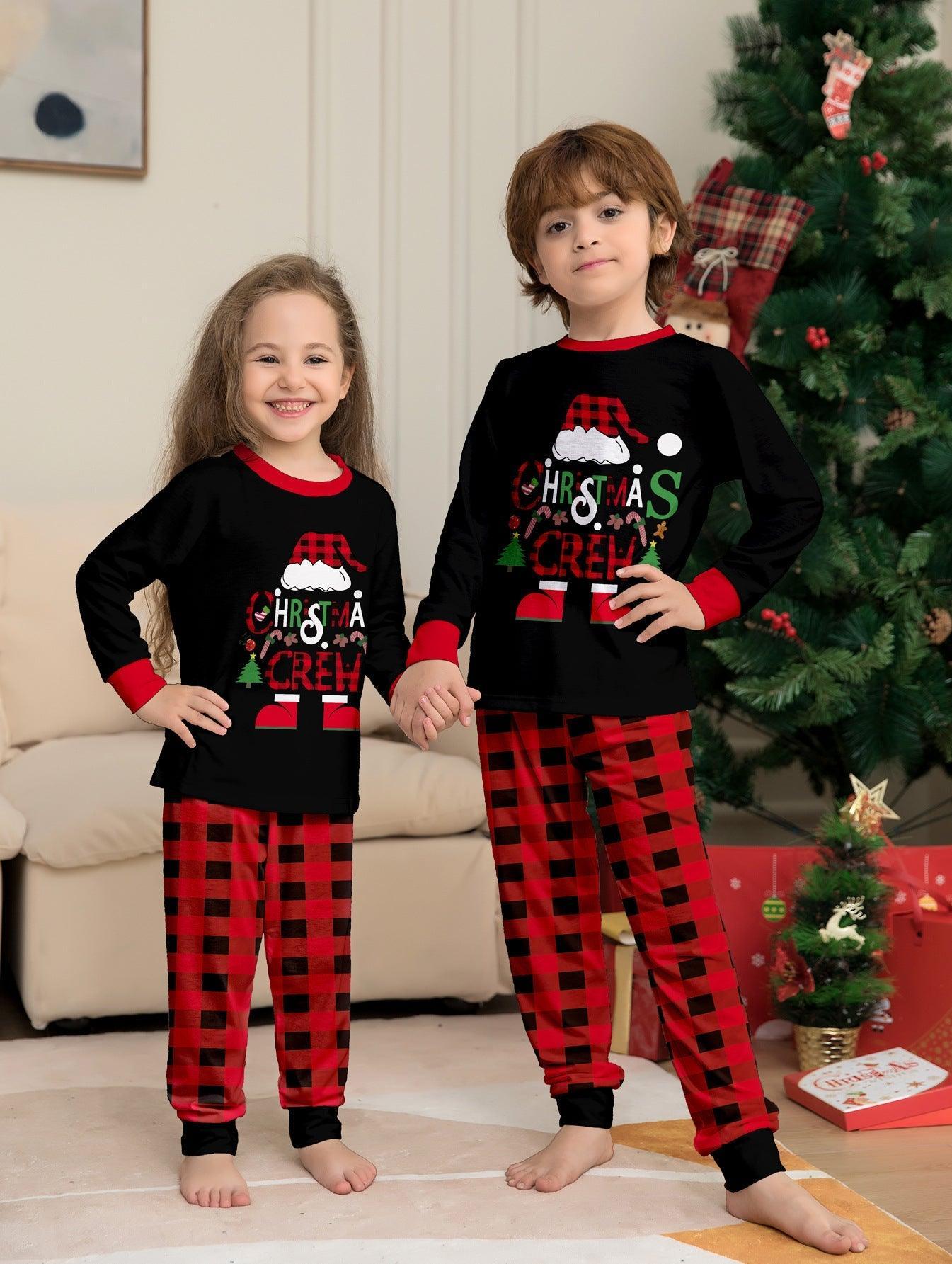 Red & Black Plaid Christmas Hat Family Matching Pajamas | Cartoon Letter Print Holiday Sleepwear Set - Coscosmos