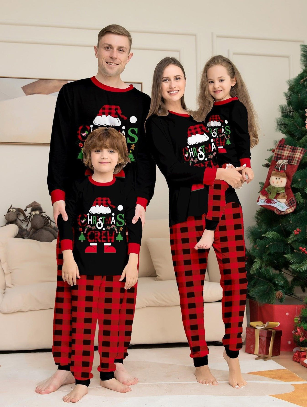 Red & Black Plaid Christmas Hat Family Matching Pajamas | Cartoon Letter Print Holiday Sleepwear Set - Coscosmos