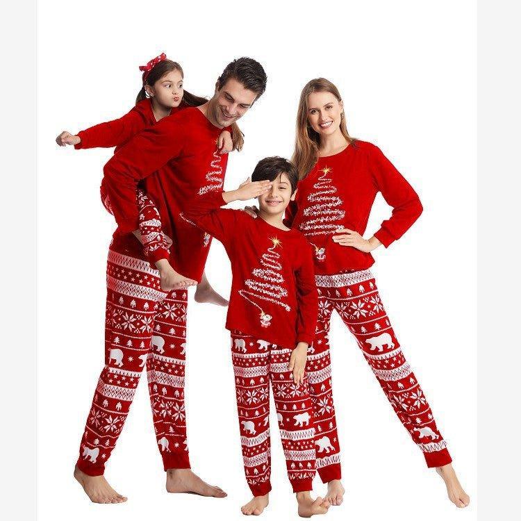 Red Matching Family Christmas Pajamas | Cotton Holiday Loungewear Set for Family of Three - Coscosmos