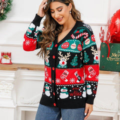 Reindeer Button - Up Long Sleeve Cardigan | V - Neck Knit Christmas Sweater for Women - Coscosmos