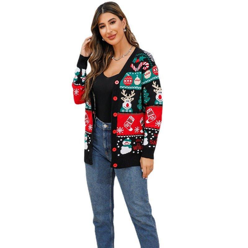 Reindeer Button - Up Long Sleeve Cardigan | V - Neck Knit Christmas Sweater for Women - Coscosmos