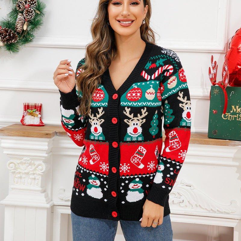 Reindeer Button - Up Long Sleeve Cardigan | V - Neck Knit Christmas Sweater for Women - Coscosmos