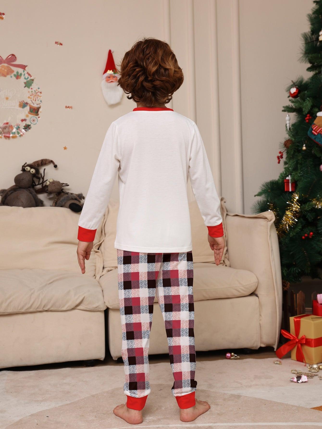 Reindeer Letter Print Christmas Family Matching Pajamas | Plaid Two - Piece Long Sleeve Loungewear Set - Coscosmos