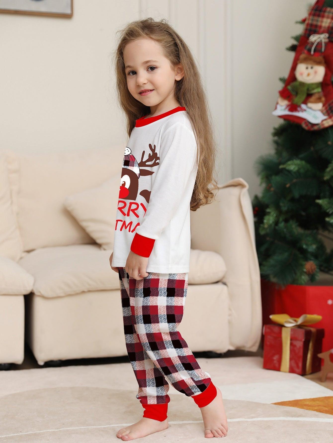 Reindeer Letter Print Christmas Family Matching Pajamas | Plaid Two - Piece Long Sleeve Loungewear Set - Coscosmos