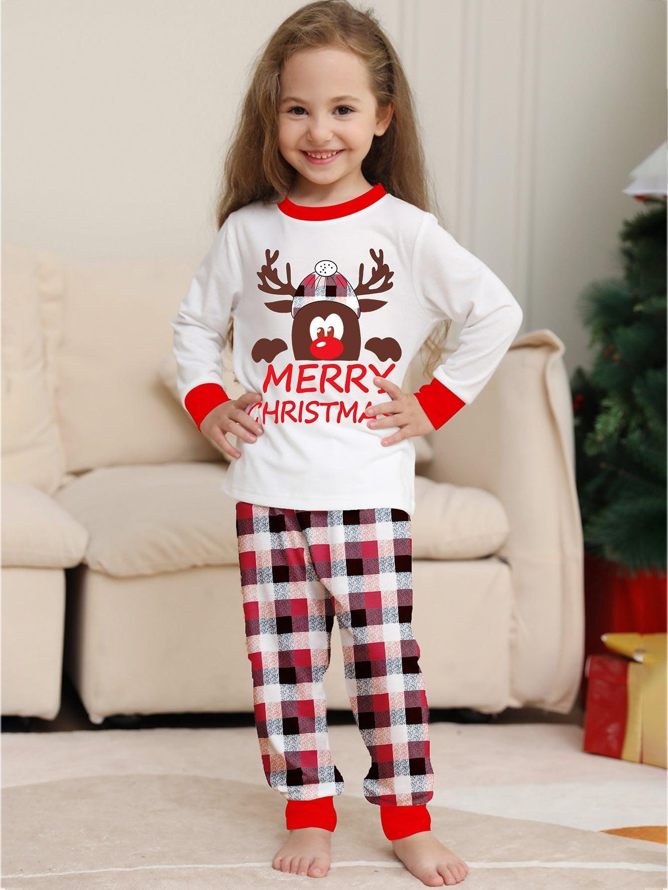 Reindeer Letter Print Christmas Family Matching Pajamas | Plaid Two - Piece Long Sleeve Loungewear Set - Coscosmos