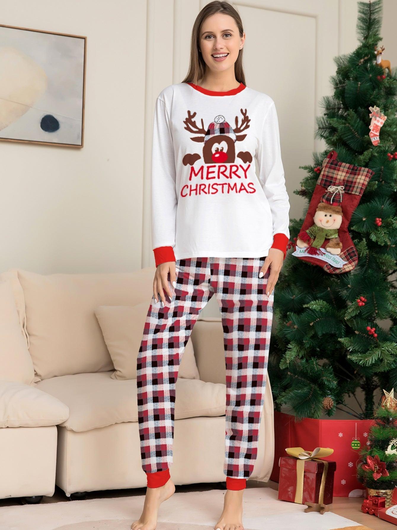 Reindeer Letter Print Christmas Family Matching Pajamas | Plaid Two - Piece Long Sleeve Loungewear Set - Coscosmos