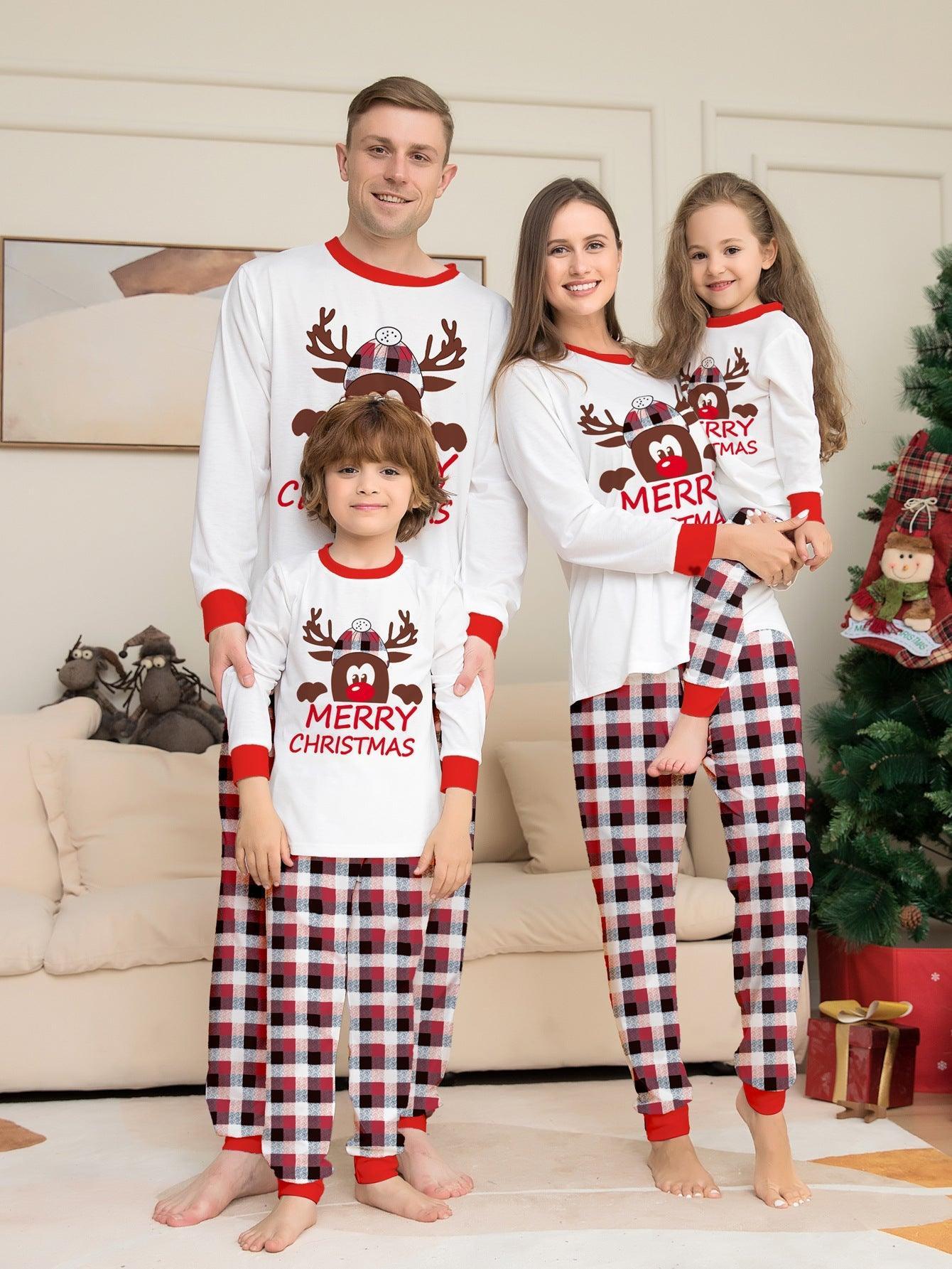 Reindeer Letter Print Christmas Family Matching Pajamas | Plaid Two - Piece Long Sleeve Loungewear Set - Coscosmos