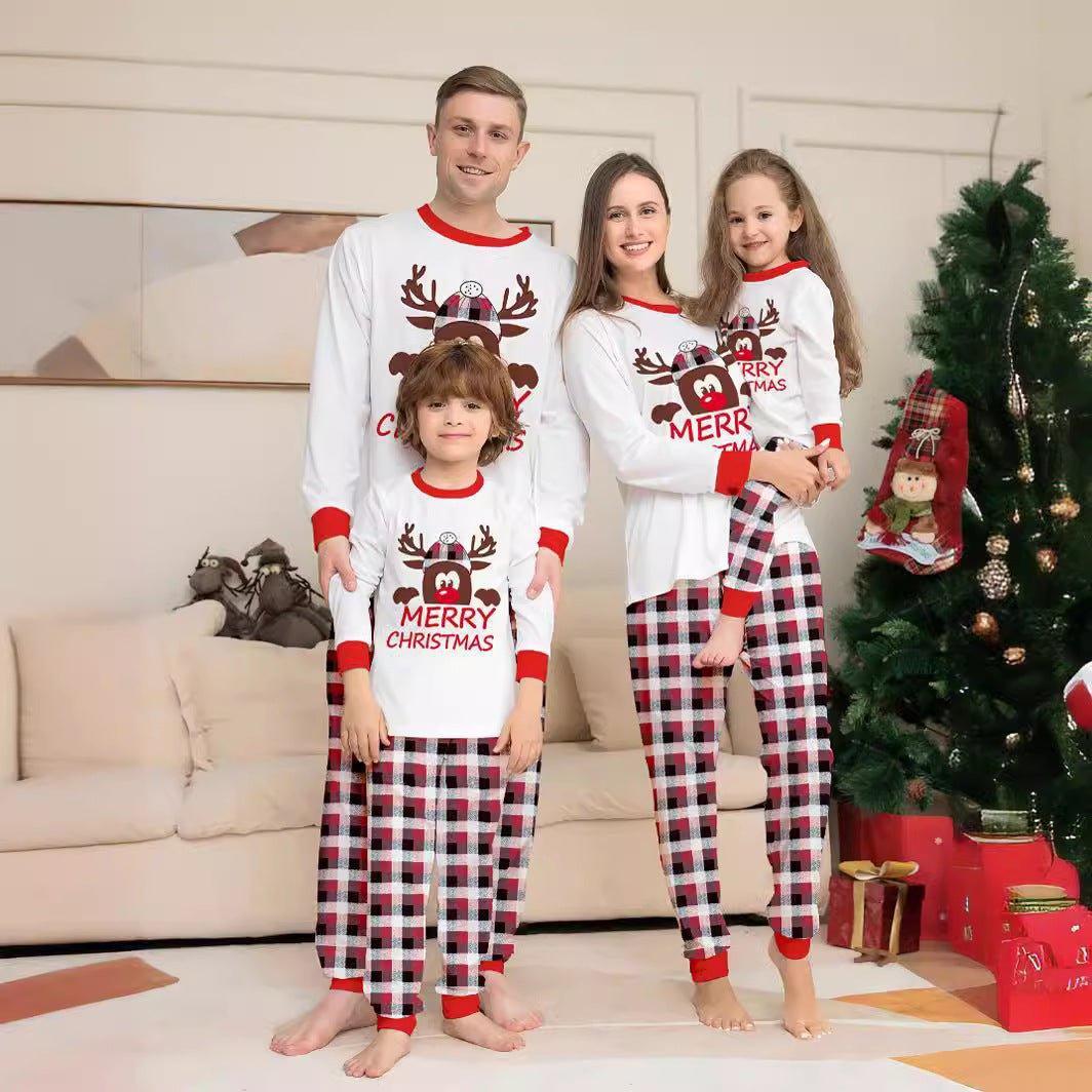 Reindeer Letter Print Christmas Family Matching Pajamas | Plaid Two - Piece Long Sleeve Loungewear Set - Coscosmos