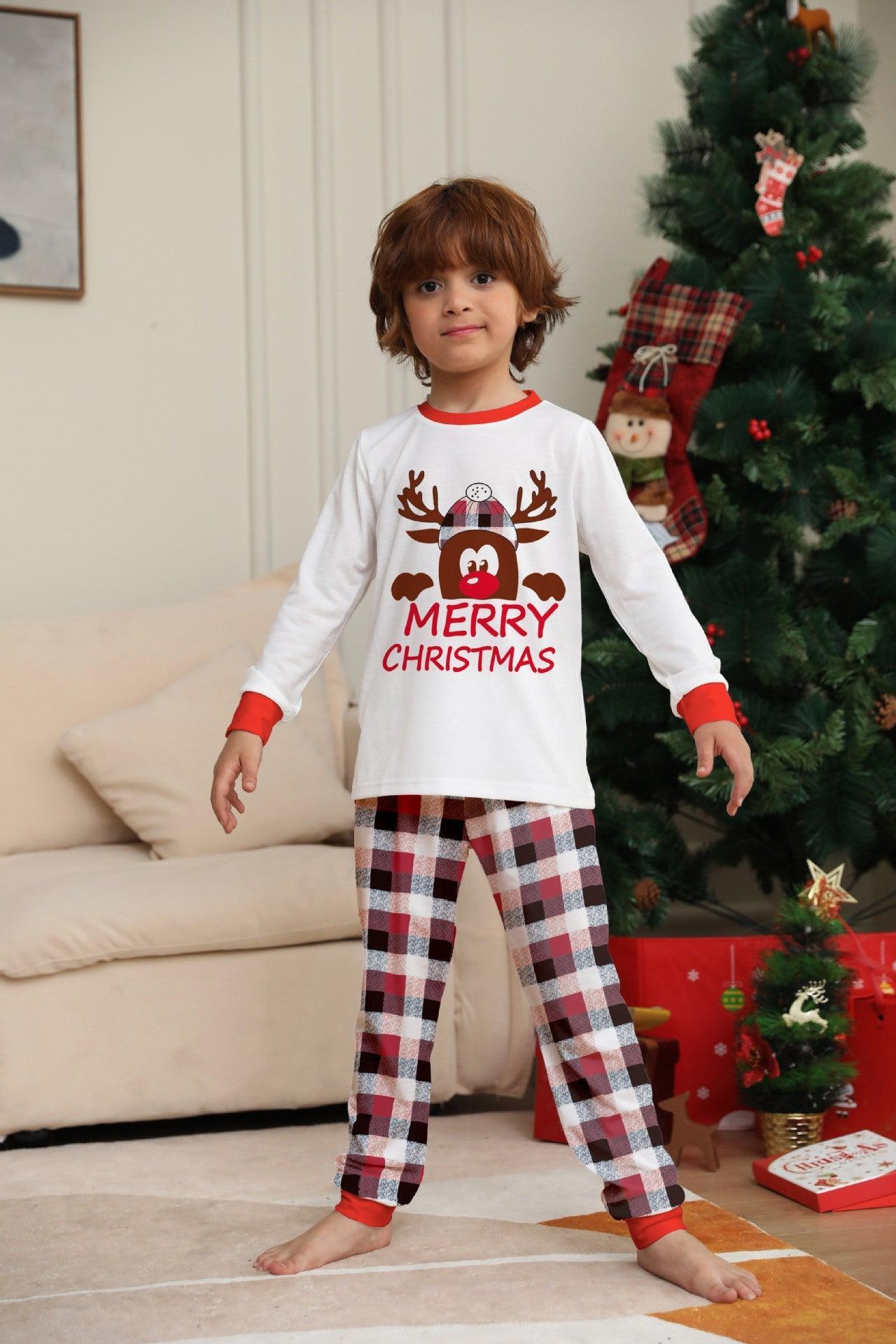 Reindeer Letter Print Christmas Family Matching Pajamas | Plaid Two - Piece Long Sleeve Loungewear Set - Coscosmos